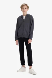 DeFacto Hooded Basic Plain School Zipper Sweatshirt Boy - Image 2