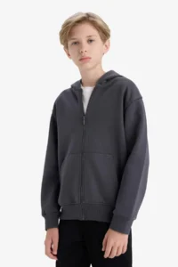 DeFacto Hooded Basic Plain School Zipper Sweatshirt Boy - Image 3