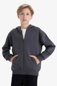 DeFacto Hooded Basic Plain School Zipper Sweatshirt Boy - Image 4