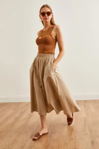Olalook Women's Stone Pocket Elastic Waist Midi Woven Bell Skirt - Image 4