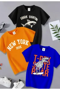 twins tailors Dinosaur Printed 3-Pack Unisex Orange-Black-Sax Blue Children's T-Shirt
