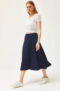 Olalook Women's Navy Blue Elastic Waist Flowy Twist Skirt
