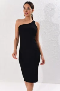 Cool & Sexy Women Black One Shoulder Camisole Dress - Image 3