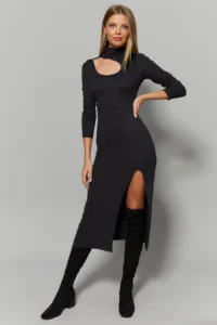 Cool & Sexy Women's Anthracite Collar Window Slit Dress