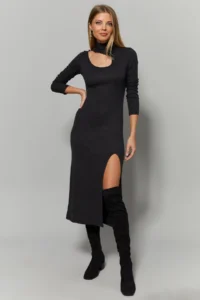 Cool & Sexy Women's Anthracite Collar Window Slit Dress - Image 2