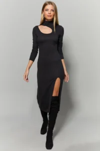 Cool & Sexy Women's Anthracite Collar Window Slit Dress - Image 3