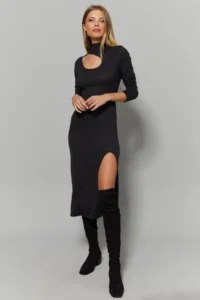 Cool & Sexy Women's Anthracite Collar Window Slit Dress - Image 4