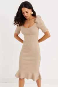 Cool & Sexy Women's Stone Balloon Sleeve Skirt Flounced Seasonal Midi Dress