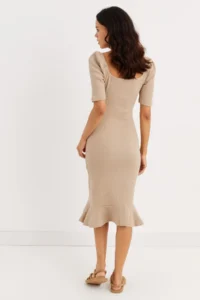 Cool & Sexy Women's Stone Balloon Sleeve Skirt Flounced Seasonal Midi Dress - Image 3