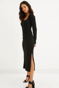 Cool & Sexy Women's Black Square Collar Double Slit Midi Dress - Image 2