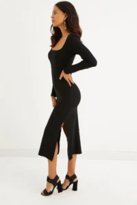 Cool & Sexy Women's Black Square Collar Double Slit Midi Dress - Image 3