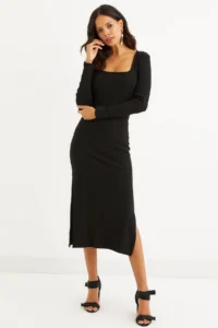 Cool & Sexy Women's Black Square Collar Double Slit Midi Dress - Image 4