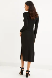 Cool & Sexy Women's Black Square Collar Double Slit Midi Dress - Image 5