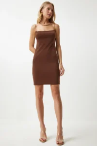 Happiness İstanbul Women's Brown Rope Strap Jersey Mini Dress - Image 2