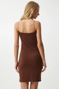 Happiness İstanbul Women's Brown Rope Strap Jersey Mini Dress - Image 5