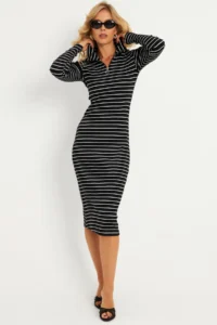 Cool & Sexy Women's Black-White Striped Camisole Midi Dress
