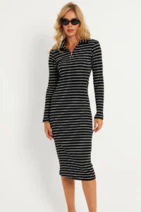 Cool & Sexy Women's Black-White Striped Camisole Midi Dress - Image 2