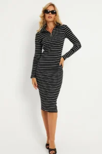 Cool & Sexy Women's Black-White Striped Camisole Midi Dress - Image 3