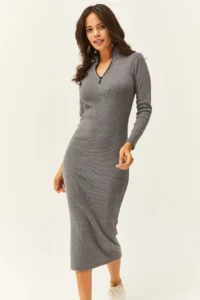 Olalook Women's Smoked Zippered Stand Collar Long Lycra Dress - Image 3