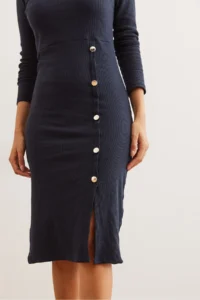 Olalook Women's Navy Blue Button Detailed Slit Midi Flexible Dress - Image 6