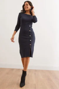 Olalook Women's Navy Blue Button Detailed Slit Midi Flexible Dress - Image 2