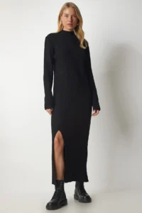 Happiness İstanbul Women's Black Turtleneck Slit Long Knitwear Dress
