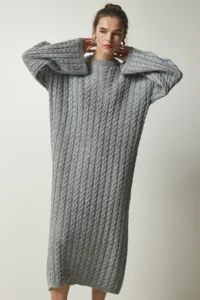 Happiness İstanbul Women's Gray Knitted Detailed Thick Oversize Knitwear Dress - Image 2
