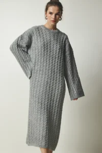 Happiness İstanbul Women's Gray Knitted Detailed Thick Oversize Knitwear Dress - Image 3