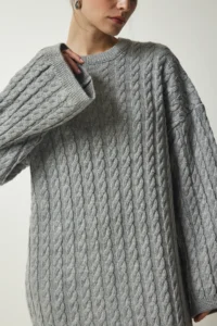 Happiness İstanbul Women's Gray Knitted Detailed Thick Oversize Knitwear Dress - Image 5