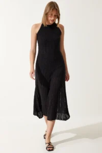 Happiness İstanbul Women's Black Halter Neck Openwork Knitwear Dress - Image 2