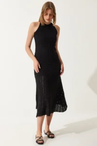 Happiness İstanbul Women's Black Halter Neck Openwork Knitwear Dress - Image 3