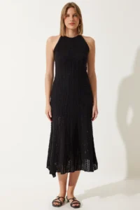 Happiness İstanbul Women's Black Halter Neck Openwork Knitwear Dress - Image 4