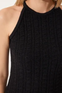 Happiness İstanbul Women's Black Halter Neck Openwork Knitwear Dress - Image 5