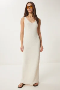 Happiness İstanbul Women Cream Sleeveless Summer Knit Dress - Image 2
