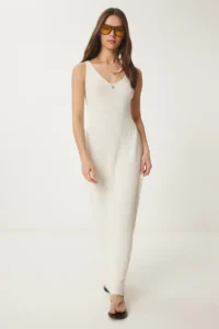 Happiness İstanbul Women Cream Sleeveless Summer Knit Dress - Image 3