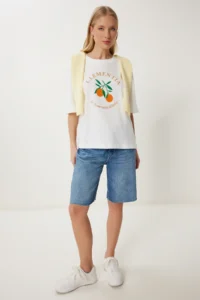 Happiness İstanbul Women's Ecru Printed Cotton Oversize Knitted T-Shirt
