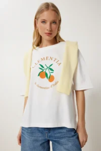 Happiness İstanbul Women's Ecru Printed Cotton Oversize Knitted T-Shirt - Image 2