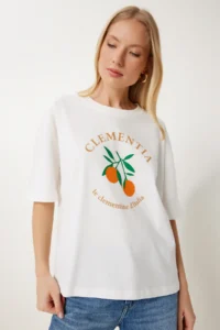 Happiness İstanbul Women's Ecru Printed Cotton Oversize Knitted T-Shirt - Image 3