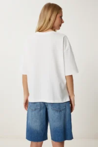 Happiness İstanbul Women's Ecru Printed Cotton Oversize Knitted T-Shirt - Image 5