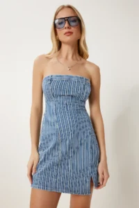 Happiness İstanbul Women's Blue Bone Strapless Mini Denim Dress - Image 2