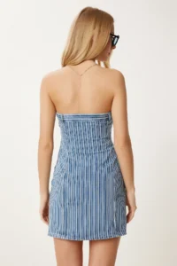 Happiness İstanbul Women's Blue Bone Strapless Mini Denim Dress - Image 5