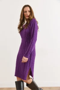 Olalook Women's Purple Waist Banded Slit Hair Knitted Mini Dress - Image 6
