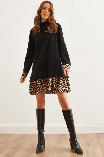 Olalook Women's Black Leopard Garnished Thessaloniki Dress
