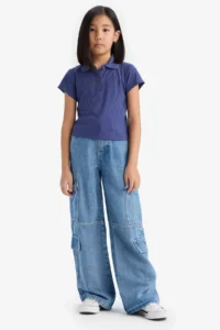 DeFacto Slim Fit Narrow Cut Polo Neck Basic Plain Ribbed Camisole Short Sleeve T-Shirt Girl Child - Image 2