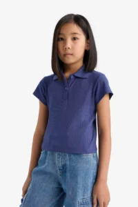 DeFacto Slim Fit Narrow Cut Polo Neck Basic Plain Ribbed Camisole Short Sleeve T-Shirt Girl Child - Image 4
