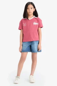 DeFacto Boxy Fit Polo Neck Printed Short Sleeve T-Shirt Girl Child - Image 2