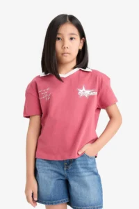 DeFacto Boxy Fit Polo Neck Printed Short Sleeve T-Shirt Girl Child - Image 4