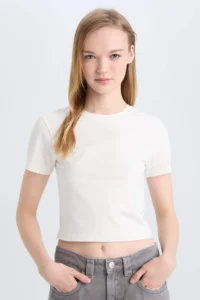 DeFacto Fitted Crew Neck Basic Plain Short Sleeve White T-Shirt