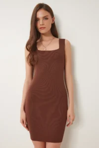 Happiness İstanbul Women's Brown Square Collar Lycra Mini Knitwear Dress - Image 2