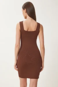 Happiness İstanbul Women's Brown Square Collar Lycra Mini Knitwear Dress - Image 4